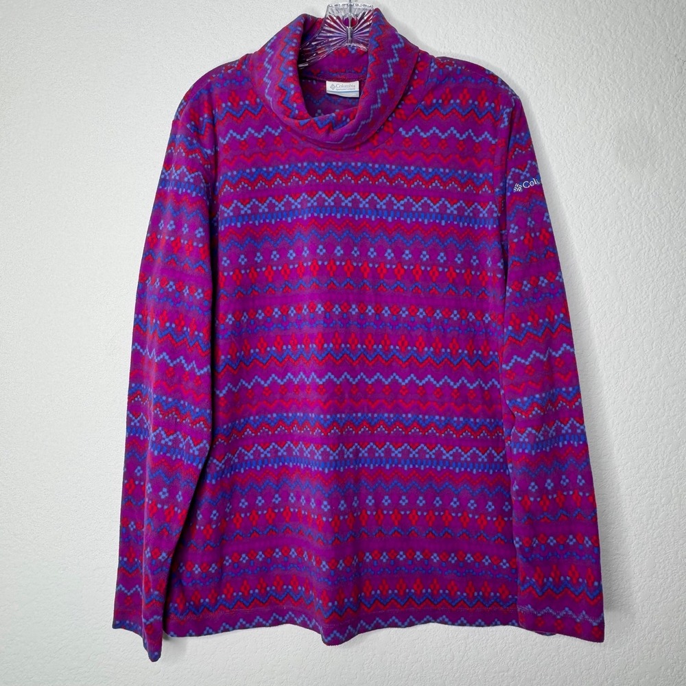 Columbia Fleece Turtleneck Pullover Fair Isle Purple Pink AL6483 Women's Size XL
